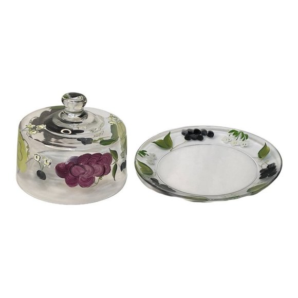 Hand Painted Clear Glass Covered Cheese Butter Dish w/ Grape Pattern - Picture 5 of 10